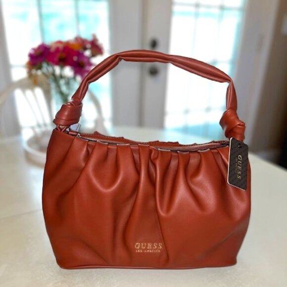 GUESS Los Angeles Small Satchel Faux Leather Cognac color Hand bag-NEW - Picture 1 of 13